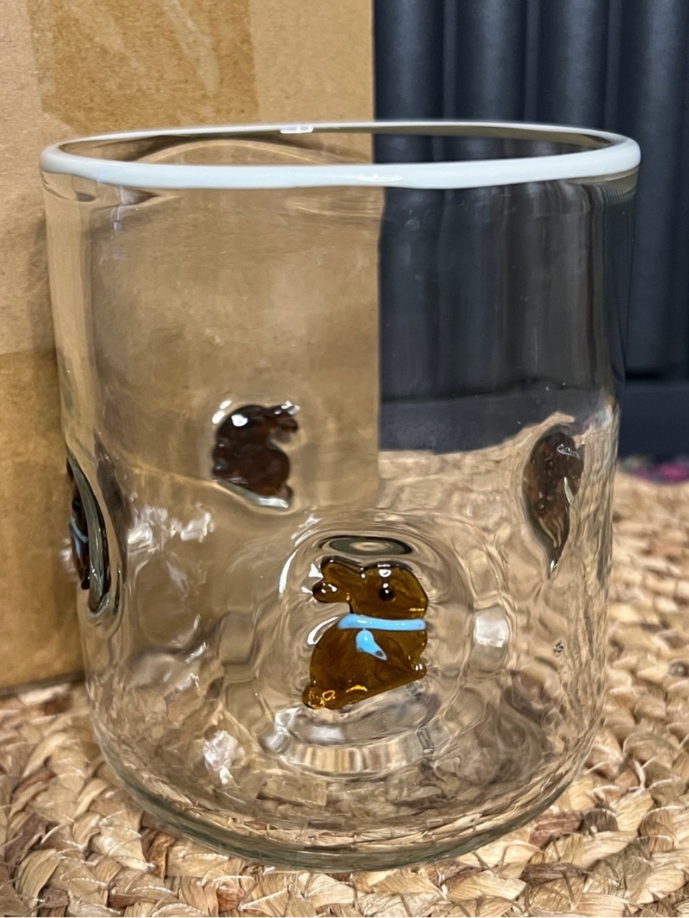 Anthropologie ICON JUICE Drinking GLASS Chocolate Bunny Brown Blue Bow Easter